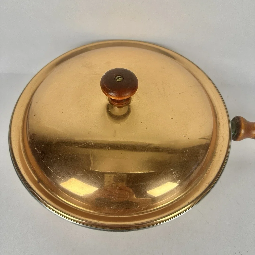 Vintage Copper Skillet Sauté Pan with Lid Brass Wood Handle